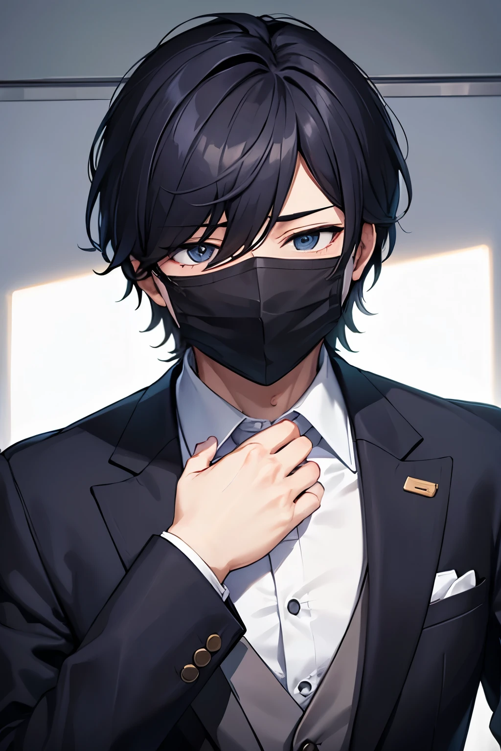 Hiding his face with a mask、suit、male
