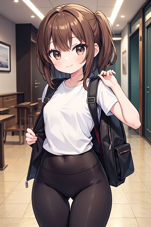 masterpiece, highest quality, Official Art, 8k wallpaper, Very detailed, figure, Small 1 person girl cute, Brown Hair, Wide Hips, Narrow waist, Thigh Gap, Small breasts, Yoga pants, Tight shirt, Backpack, Are standing, from the front, whole body, smile, outskirts