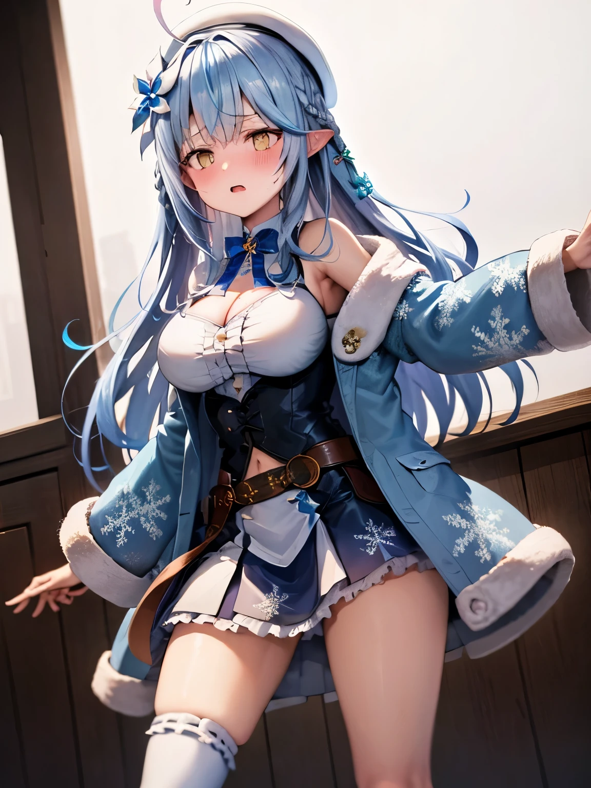 NSFW,Alamy、Long Hair、Striped Hair、Ahoge、Braid、beret、White Hat、Hair Flower、Blue bow tie、Cleavage、Clothing cutouts、White shirt、Off the shoulder、No sleeve、Black corset、Blue coat、Snowflake Print、fur trimmed coat、Open clothes、White knee socks、Brown belt、Blue Skirt,(Perfect hands),(Perfect Anatomy),(masterpiece),(highest quality),Embarrassed,blush