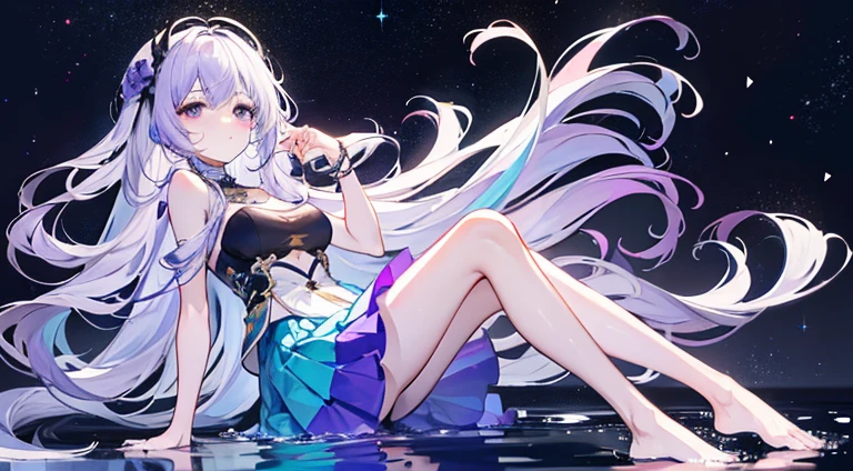 Lilac gradient hair,Asymmetrical hair,（（Very voluminous hair 1.8，Clear head outline 1.5））， Shoulder-length hair, Messy hair, Very long hair, Shiny hair，(Long hair:1.2),A beautiful girl，Gorgeous purple mini skirt，tall，slim，(看起来很sad，pale，sad，shut up：1.2） Against the backdrop of the bright dark starry sky，Side-lying，barefoot，float，water surface，dignified，Long Law，Long Law，fully，Normal legs，Whole body love