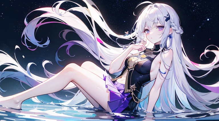 Lilac gradient hair,Asymmetrical hair,((Very voluminous hair 1.8,Clear head outline 1.5)), Shoulder-length hair, Messy hair, Very long hair, Shiny hair,(Long hair:1.2),A beautiful girl,Gorgeous purple mini skirt,tall,slim,(看起来很sad,pale,sad,shut up:1.2) Against the backdrop of the bright dark starry sky,Side-lying,barefoot,float,water surface,dignified,Long Law,Long Law,fully,Normal legs,Whole body love