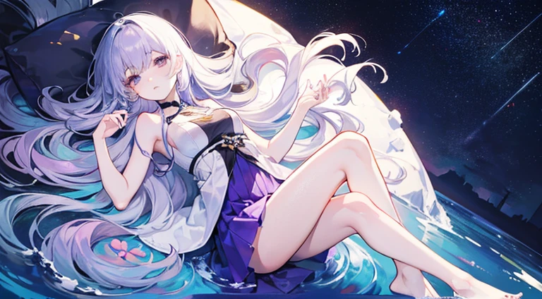 Lilac gradient hair,Asymmetrical hair,((Very voluminous hair 1.8,Clear head outline 1.5)), Shoulder-length hair, Messy hair, Very long hair, Shiny hair,(Long hair:1.2),A beautiful girl,Gorgeous purple mini skirt,tall,slim,(看起来很sad,pale,sad,shut up:1.2) Against the backdrop of the bright dark starry sky,Side-lying,barefoot,float,water surface,dignified,Long Law,Long Law,fully,Normal legs,Whole body love