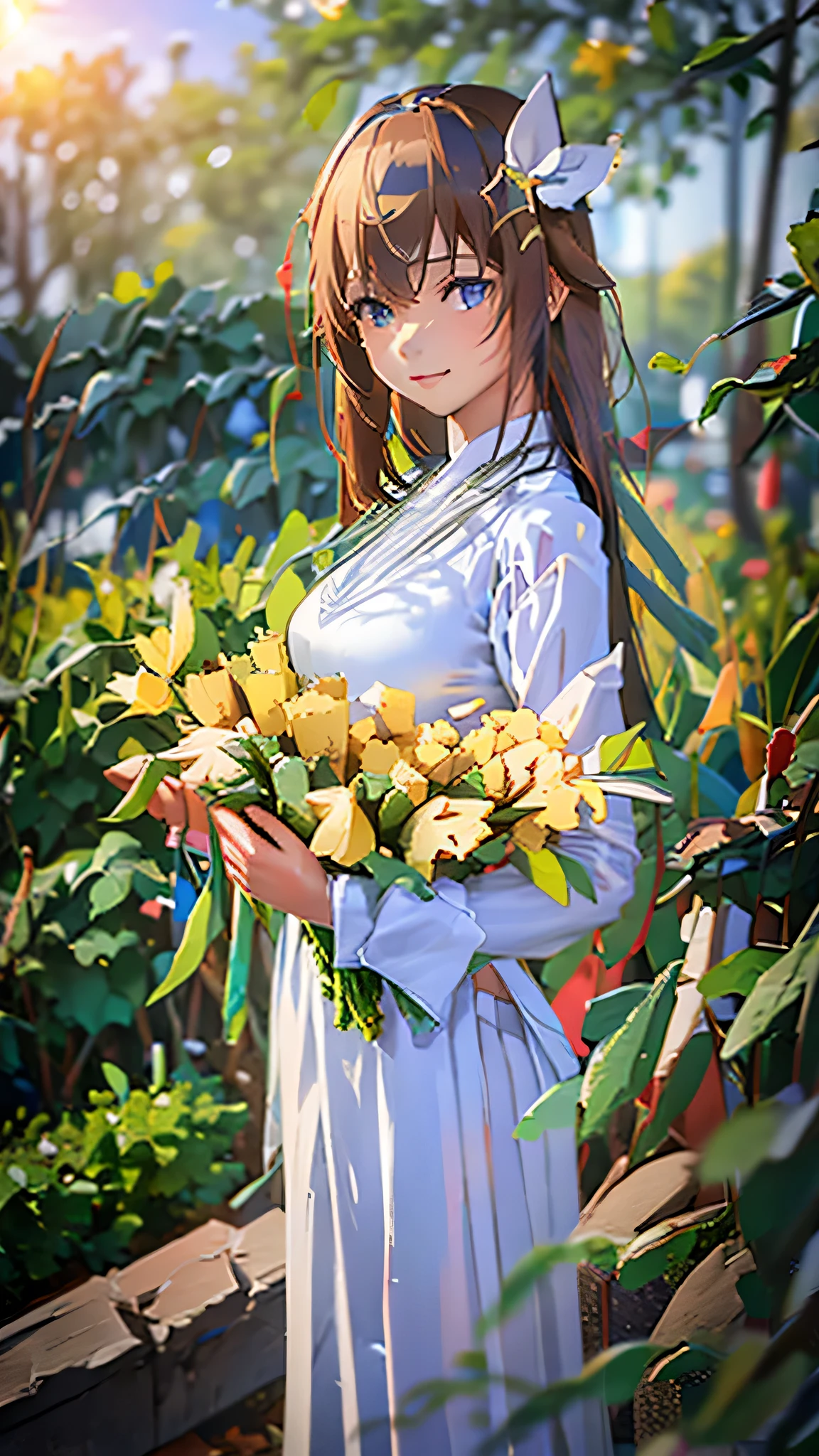 1girl, white aodai, a stunning photo with beautiful saturation, ultra high res,(realistic:1.4)),deep shadow,(best quality, masterpiece), pale skin, dimly lit, shade, flustered, blush, highly detailed, skinny, BREAK depth of field, film grain, looking at viewer, warm smile, (upper body),masterpiece,32k,extremely detailed CG unity 8k wallpaper, best quality, TokinoSora, long hair, star hair ornament, blue eyes, stadium