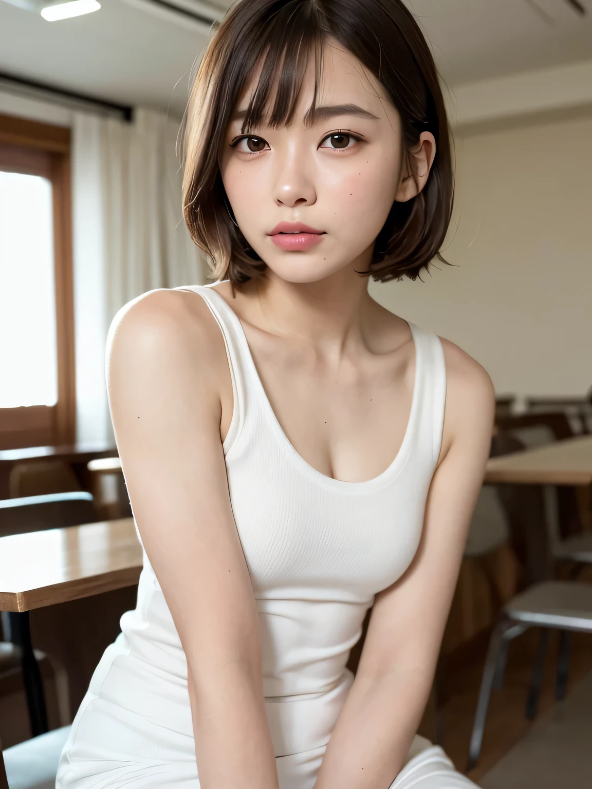 ((highest quality, 8k, masterpiece: 1.3, RAW Photos)), Sharp focus: 1.2, (1. AESPA Girl: 1.2), (Realistic, Realistic: 1.37), (Face Focus: 1.1), Cute Face, Small breasts, Flat Chest, Short hair with bangs, (White camisole: 1.1), Business Skirt, Sitting, Cafe, Put your hand on your cheek, From below, sunlight, Cinema Lighting,