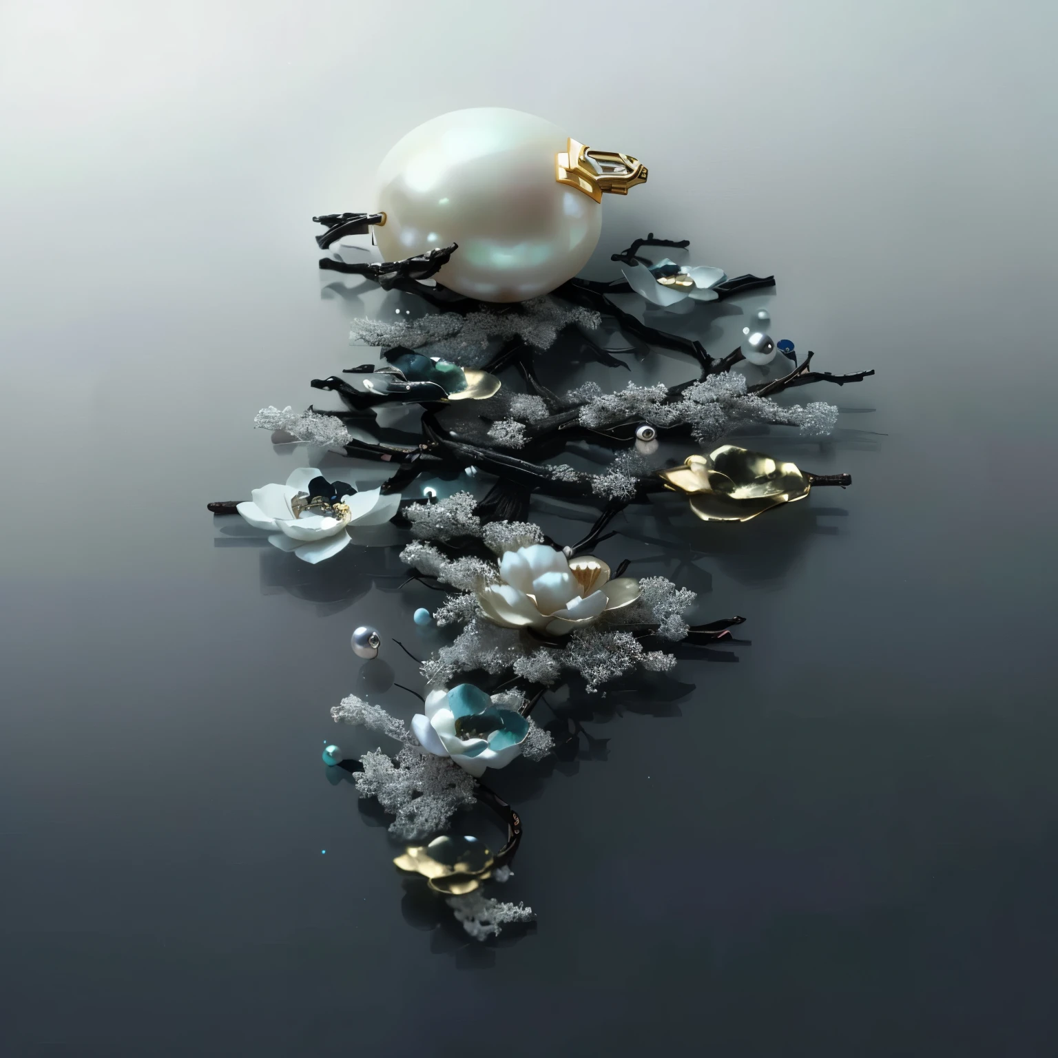 Close up of pearl and silver brooch on table, by Wu Zhen, author:Kano's Travels, author:Li Song, by Zhou Fang, by Wang Jian, jewelry pearls, by Yuan Jiang, author:Xu Xi, by Yan Hui, author:Song Xu, by Liu Haisu, by Cheng Jiasui, Black pearls and golden gemstones
