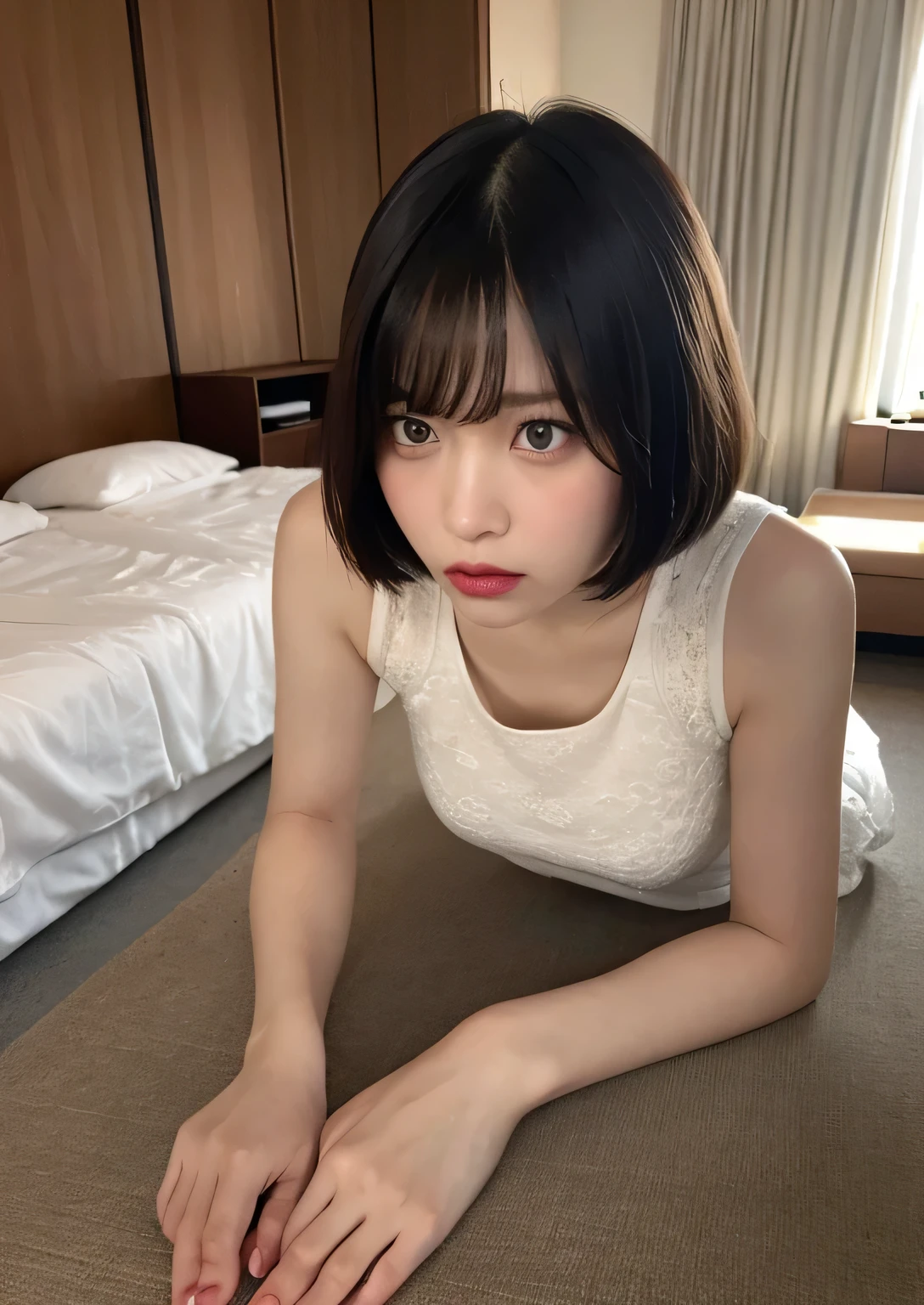 In detail, High resolution, high quality、Perfect dynamic composition, Beautiful fine details, Bob Layer Cut、On all fours、Natural color lip, squat,Kamimei、20th Generation、1 person、Clear Skin、Shiny Hair、Bedrooms、Bedroom、Inside the room、frontage、Sulky look、Annoyed expression、Irritated、Rage、hatred、Disgust、Glare、Fashionable clothes、Shibuya Ward、White Dress、Fashionable、Beautiful feet、barefoot