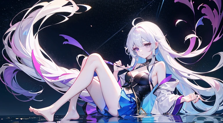 Lilac gradient hair,Asymmetrical hair,（（Very voluminous hair 1.8，Clear head outline 1.5））， Shoulder-length hair, Messy hair, Very long hair, Shiny hair，(Long hair:1.2),A beautiful girl，Gorgeous purple mini skirt，tall，slim，(看起来很sad，pale，sad，shut up：1.2） Against the backdrop of the bright dark starry sky，Side-lying，barefoot，float，water surface，dignified，Long Law，Long Law，fully，Normal legs，Whole body love