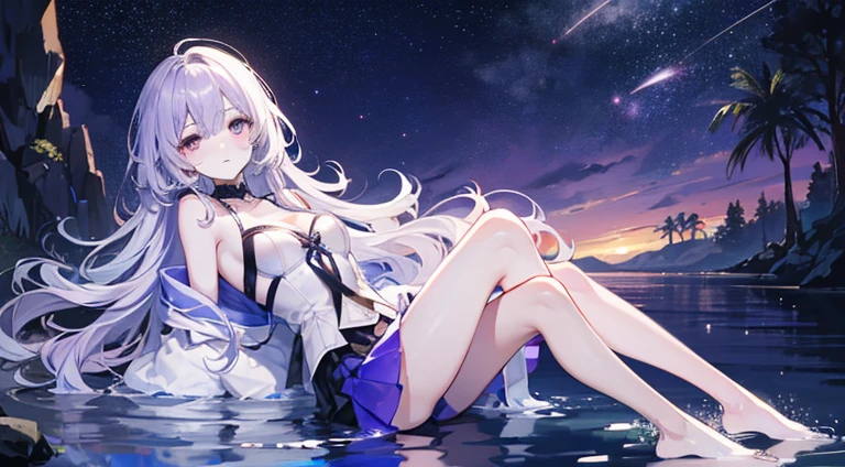 Lilac gradient hair,Asymmetrical hair,((Very voluminous hair 1.8,Clear head outline 1.5)), Shoulder-length hair, Messy hair, Very long hair, Shiny hair,(Long hair:1.2),A beautiful girl,Gorgeous purple mini skirt,tall,slim,(看起来很sad,pale,sad,shut up:1.2) Against the backdrop of the bright dark starry sky,Side-lying,barefoot,float,water surface,dignified,Long Law,Long Law,fully,Normal legs,Whole body love