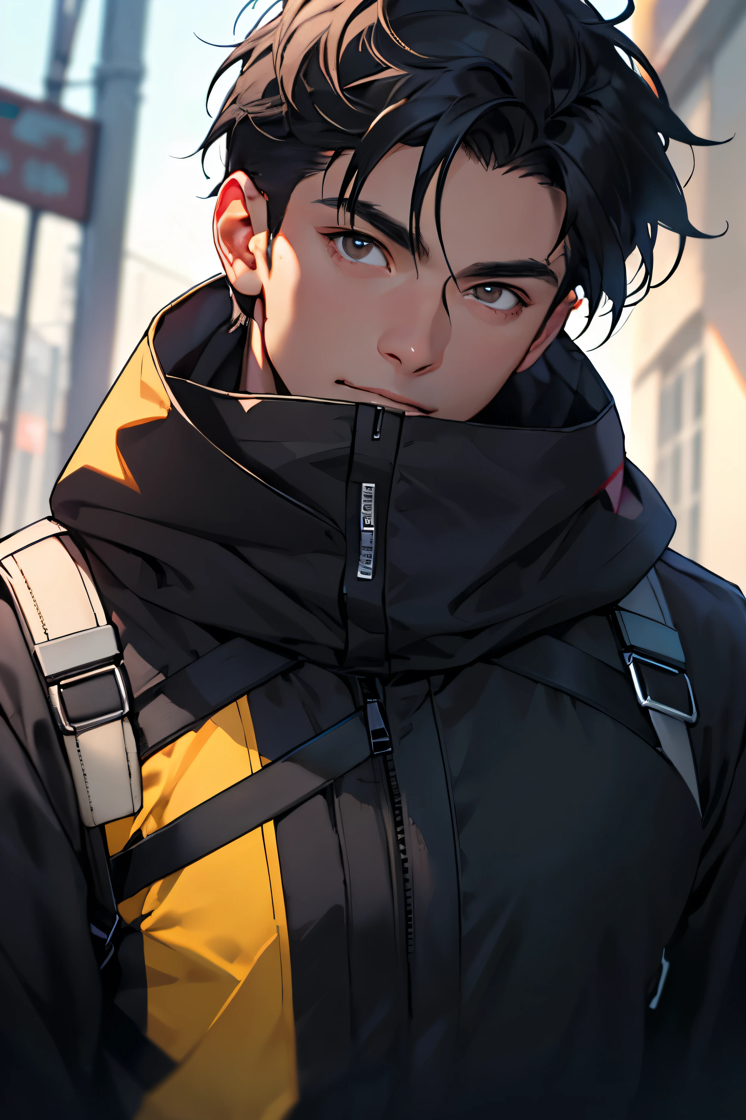 ((best quality)), ((masterpiece)), (detailed), perfect face, mature, balaclava, black uniform, short black hair, brown eyes, black hood