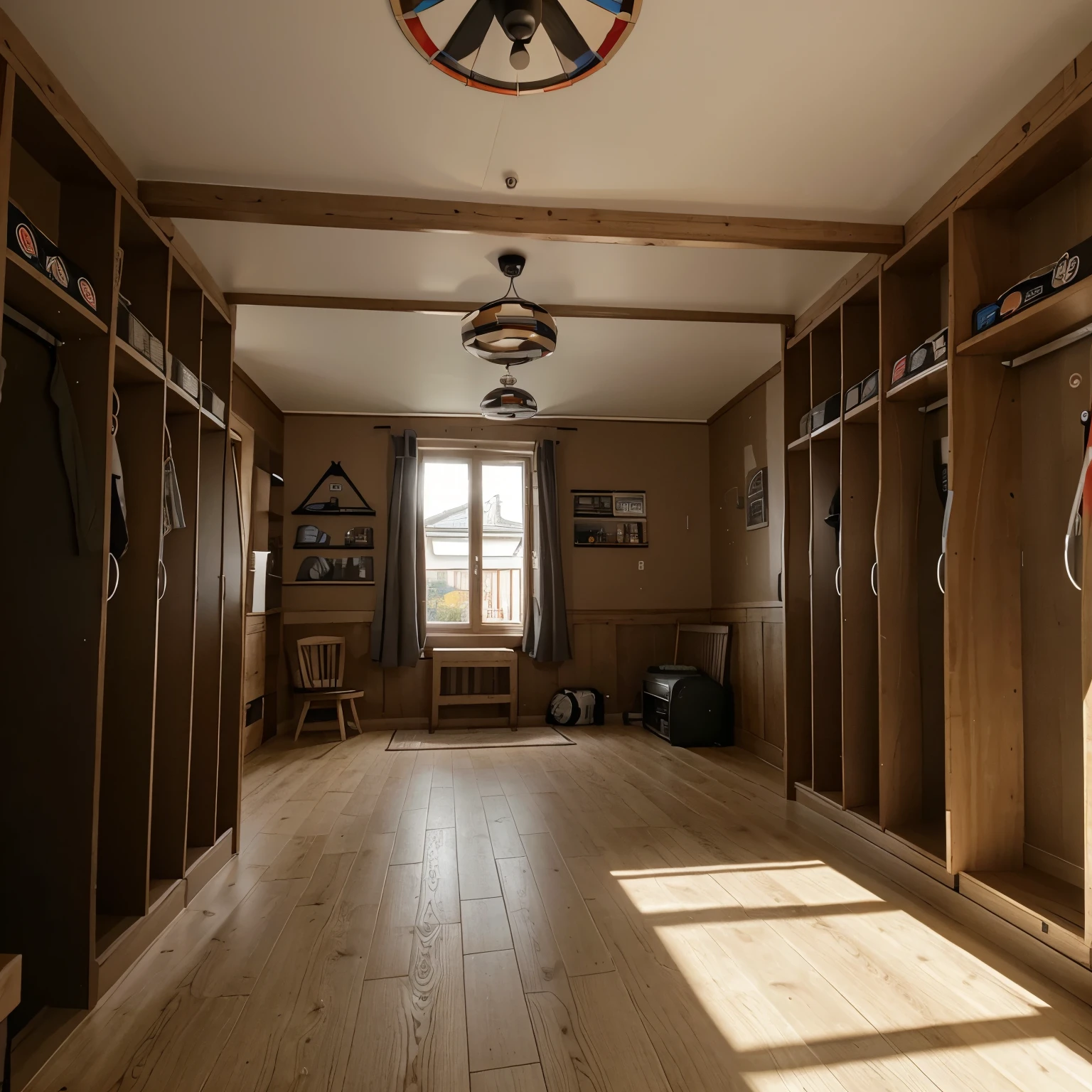Auf dem Bild soll der Innenraum einer Kneipe sein. The room is elongated. An einer Ecke ist die Theke. Five dartboards are mounted on a long wall. On the opposite side are windows.