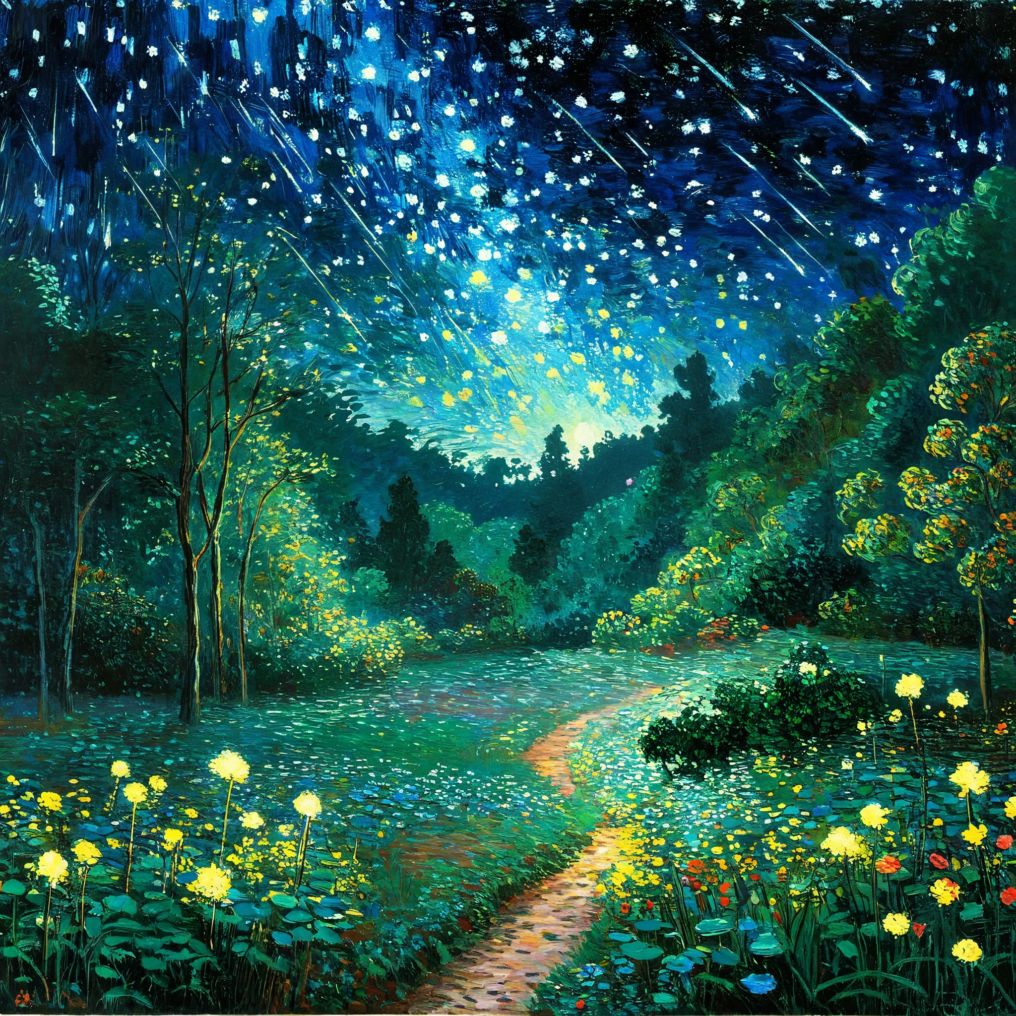 (Claude Monet),forest,night,Meteor Showers ,(landscape、forest细节) ,( Solitary),Claude Monet style