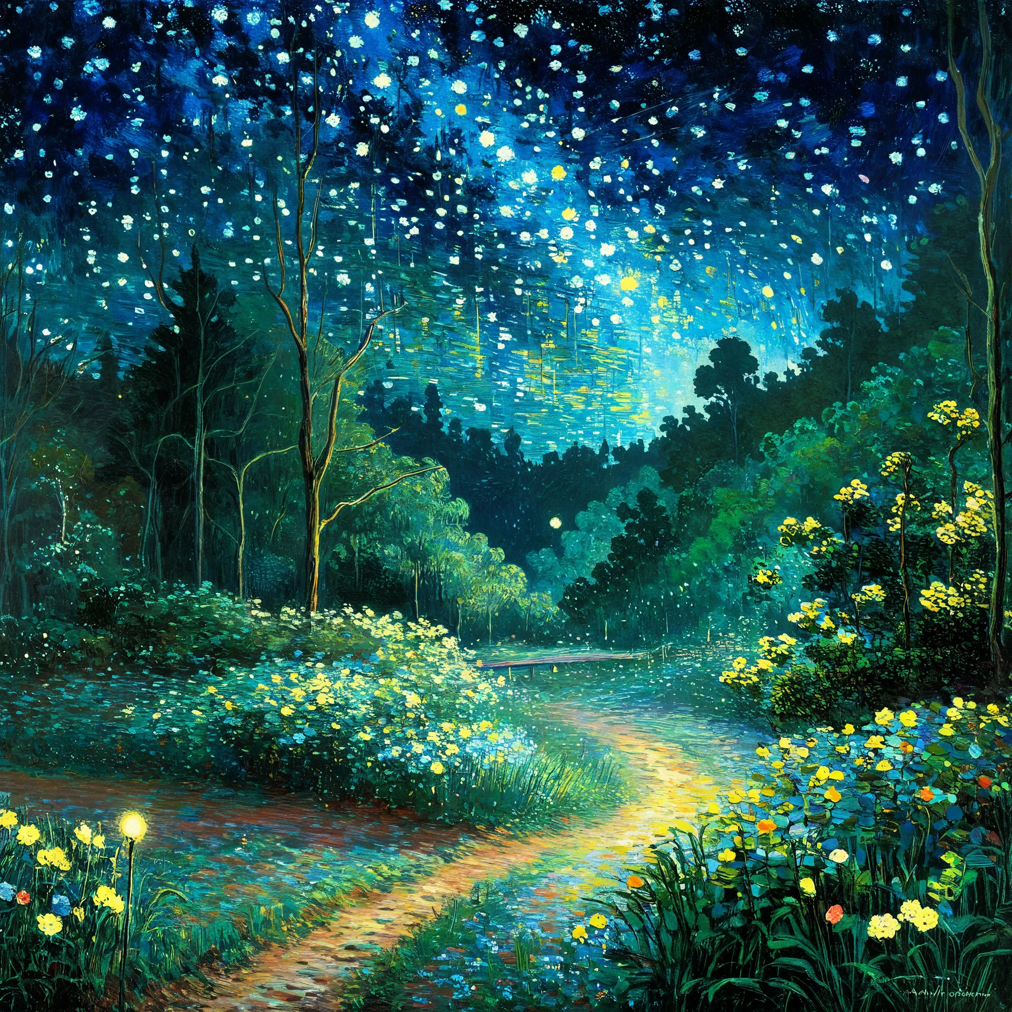 (Claude Monet),forest,night,Meteor Showers ,(landscape、forest细节) ,( Solitary),Claude Monet style