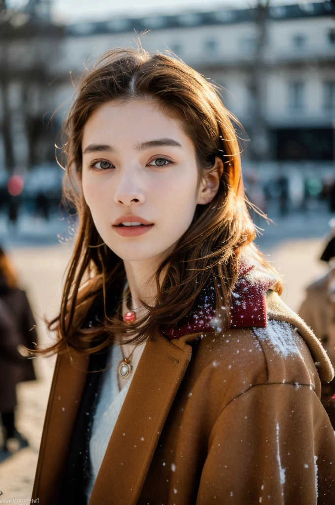 (masterpiece, top quality, best quality,8k,17 years old girl,ultra detailed,raw photo:1.5),(photorealistic:1.4),(cinematic lighting), PerfectNwsjMajic, , Surrealism, UHD, ccurate, Super detail, textured skin, High detail, Best quality, dynamic angle, (high nose,White skin),[Beautiful eyes],[flat chest:large breasts:0.5],(1girl),(good anatomy:0.5)), jewelry, necklace, realistic, brown hair, blurry background, blurran,paris,fashion,peoples in background, winter coat,dynamic pose, motion blur,Warm sun：1.7,Winter,snow,long hair