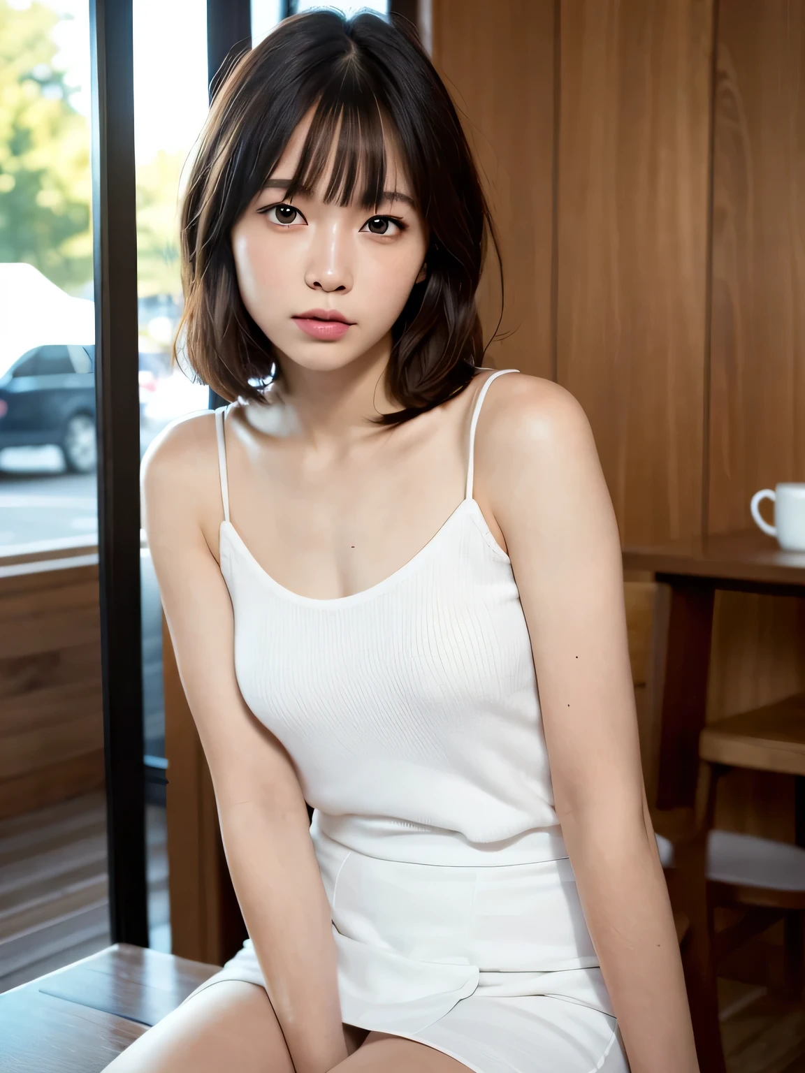 ((highest quality, 8k, masterpiece: 1.3, RAW Photos)), Sharp focus: 1.2, (1. AESPA Girl: 1.2), (Realistic, Realistic: 1.37), (Face Focus: 1.1), Cute Face, Small breasts, Flat Chest, Short hair with bangs, (White camisole: 1.1), Business Skirt, Sitting, Cafe, Put your hand on your cheek, From below, sunlight, Cinema Lighting,