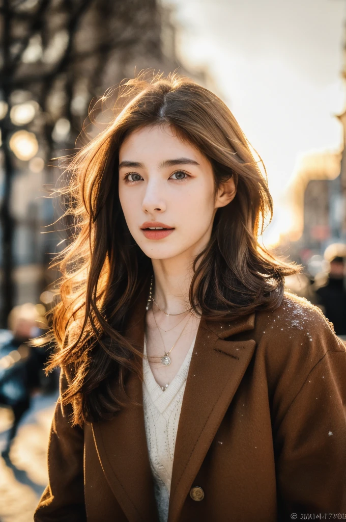 (masterpiece, top quality, best quality,8k, girl,ultra detailed,raw photo:1.5),(photorealistic:1.4),(cinematic lighting), PerfectNwsjMajic, , Surrealism, UHD, ccurate, Super detail, textured skin, High detail, Best quality, dynamic angle, (high nose,White skin),[Beautiful eyes],[flat chest:large breasts:0.5],(1girl),(good anatomy:0.5)), jewelry, necklace, realistic, brown hair, blurry background, blurran,paris,fashion,peoples in background, winter coat,dynamic pose, motion blur,Warm sun：1.7,Winter,snow,long hair