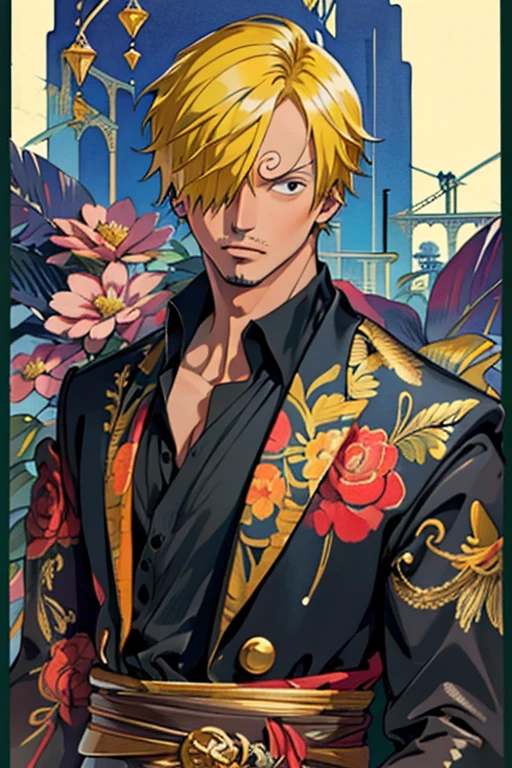 watercolor \(Moderate\), (highest quality, masterpiece:1.3)
1man, sanji in anime one piece, short hair , yellow hair, black eyes, handsome, black clothes, realistic clothes, detail clothes, city background, ultra detail, 
Fractal Art,Card DesignCursive Text,, Botanical illustration, Classic,Elegant decoration, Lofi Art Style, Retro ,Cube Star,