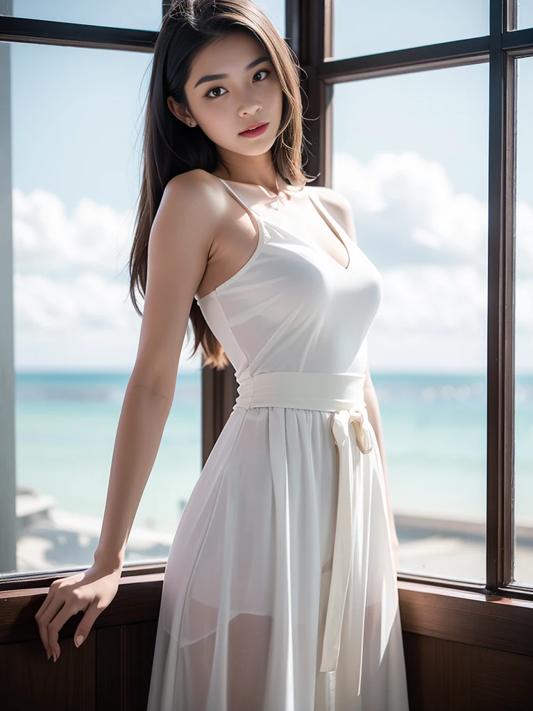 (Best Quality, 4K, Masterpiece, UHD, Real: 1.2), (Interior Lighting: 1.3), Natural Shadows, 1girl, Solo, 18 years old, wearing a white dress, (Fair skin: 1.3), Skin details, half-body, tall and thin beauty goddess, off-white flowing dress, stunning elegant posture, long and elegant, thin waist, elegant, confident, very beautiful, long skirt, blue sky, white clouds, beach,
