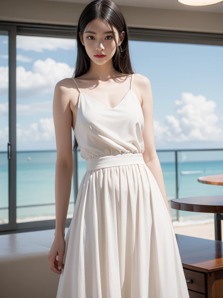 (Best Quality, 4K, Masterpiece, UHD, Real: 1.2), (Interior Lighting: 1.3), Natural Shadows, 1girl, Solo, 18 years old, wearing a white dress, (Fair skin: 1.3), Skin details, half-body, tall and thin beauty goddess, off-white flowing dress, stunning elegant posture, long and elegant, thin waist, elegant, confident, very beautiful, long skirt, blue sky, white clouds, beach,