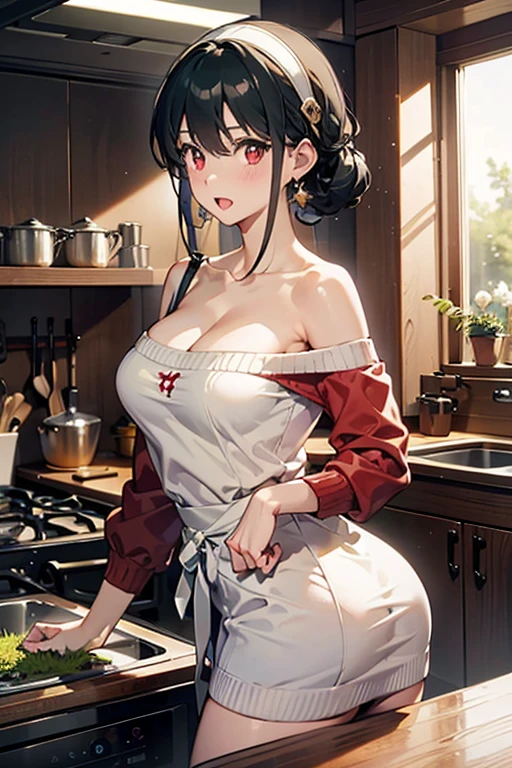 1girl, solo, hair ornament, (naked:1.3), (white apron), large breasts, cleavage, thighs, kitchen background, (blushing:1.3), naga, brown hair, ponytail, golden eyes, dark skin, gal, naga, lewd, sexy pose, attractive woman, ahegao, sexy