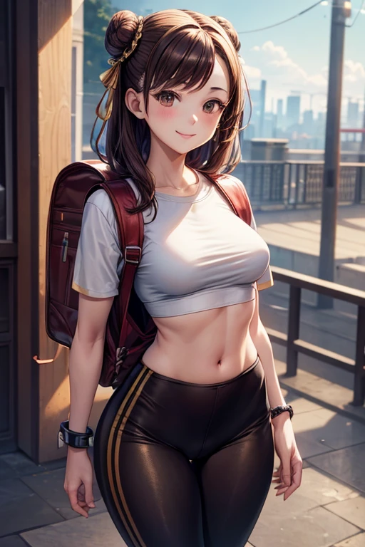 masterpiece, highest quality, Official Art, 8k wallpaper, Very detailed, figure, Small 1 person girl cute, Brown Hair, Wide Hips, Narrow waist, Thigh Gap, Small breasts, Yoga pants, Tight shirt, Backpack, Are standing, from the front, whole body, smile, outskirts