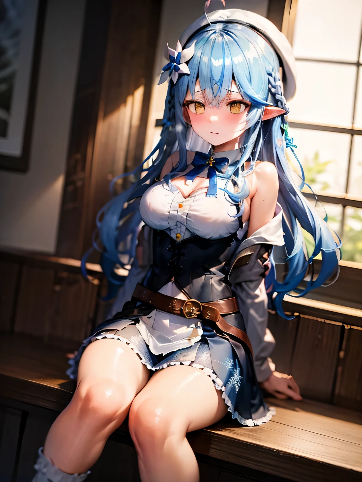 NSFW,Alamy、Long Hair、Striped Hair、Ahoge、Braid、beret、White Hat、Hair Flower、Blue bow tie、Cleavage、Clothing cutouts、White shirt、Off the shoulder、No sleeve、Black corset、Snowflake Print、Open clothes、White knee socks、Brown belt、Blue Skirt,(Perfect hands),(Perfect Anatomy),(masterpiece),(highest quality),Embarrassed,blush