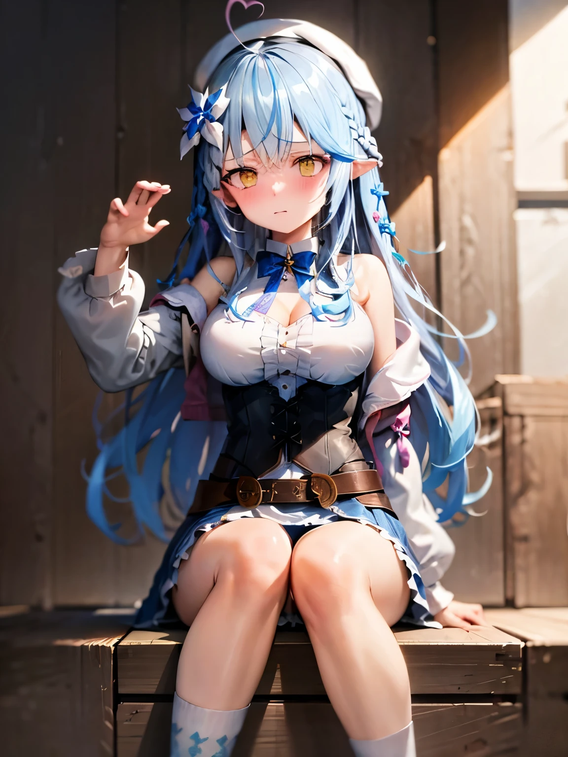 NSFW,Alamy、Long Hair、Striped Hair、Ahoge、Braid、beret、White Hat、Hair Flower、Blue bow tie、Cleavage、Clothing cutouts、White shirt、Off the shoulder、No sleeve、Black corset、Snowflake Print、Open clothes、White knee socks、Brown belt、Blue Skirt,(Perfect hands),(Perfect Anatomy),(masterpiece),(highest quality),Embarrassed,blush