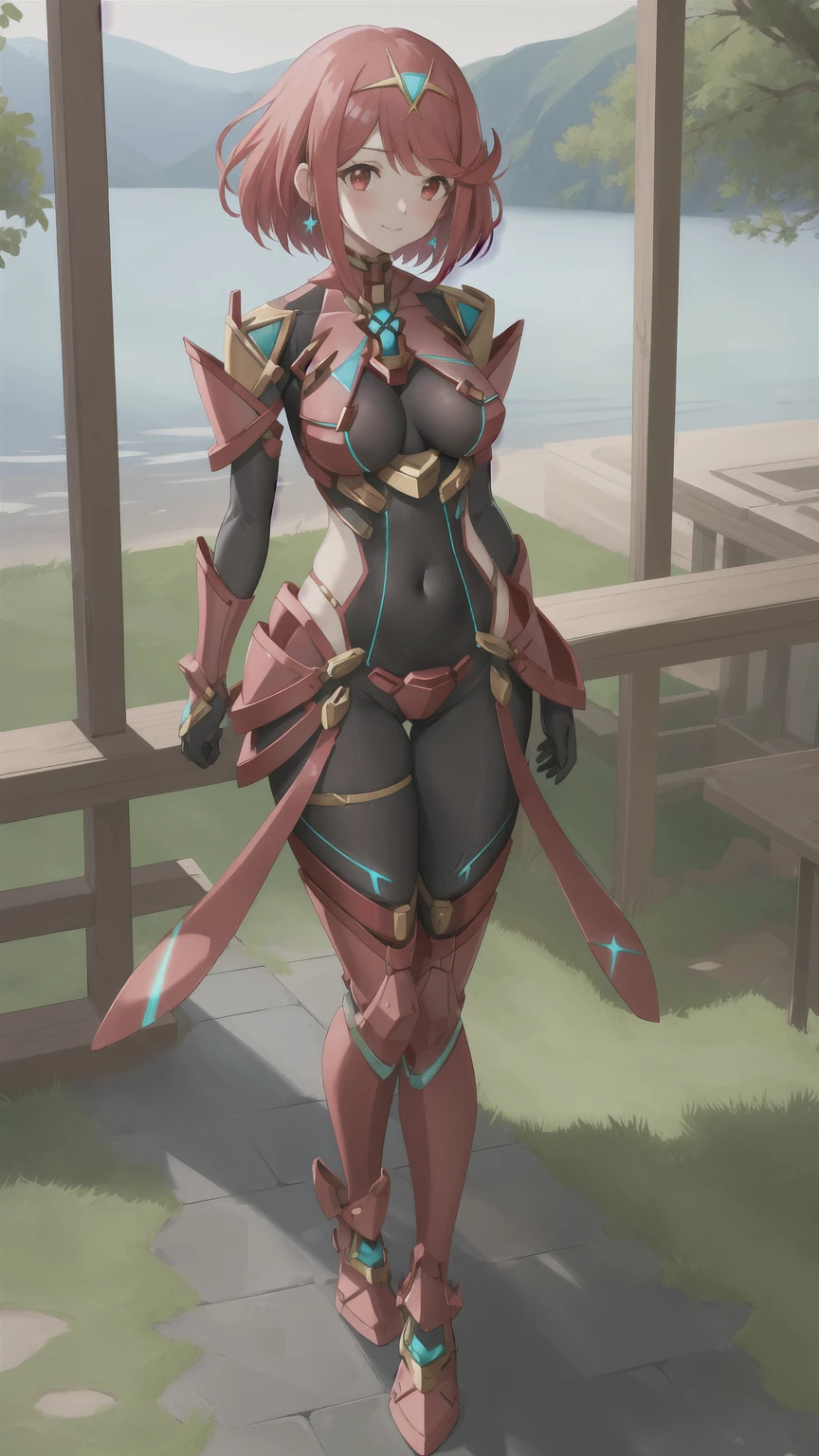 1girl, pyra \(xenoblade\), xenoblade chronicles \(series\), (xenoblade chronicles 2), standing, full body, slim body, armor, red hair, red eyes, ((masterpiece)), (best quality), 8k, ultra-detailed, absurdress