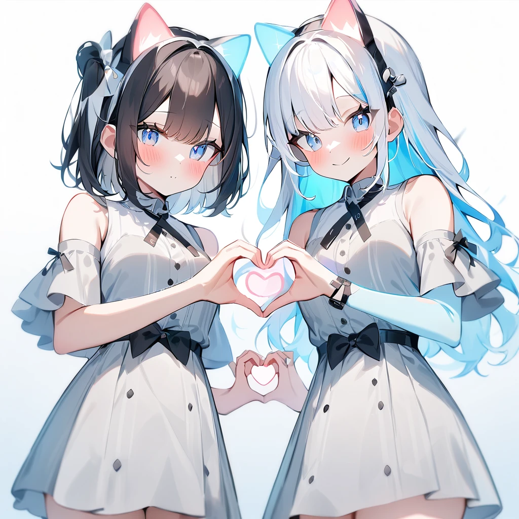 {{2girls}},masterpiece,best quality,very aesthetic,absurdres,cowboy shot,lightcolor,darkcolor,(heart_hands_duo:1.5),light hair,dark hair,White hair,light  blue hair,light  blue eyes,Lovely,🏩,translucent hair