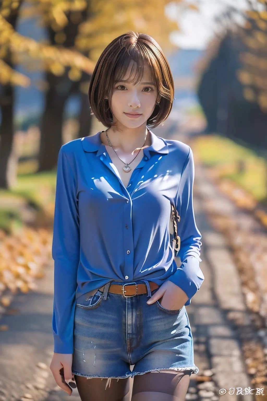 ((18 year old girl))、(highest quality、Tabletop、8k、Best image quality、Award-winning works)、1. Beautiful 、(Polyester collared long sleeve shirt:1.1)、(Red ribbon on the chest:1.1)、(Slim denim:1.5)、(Standing Elegantly:1.1)、(Full body photo from head to foot:1.5)、(Long legs:1.3)、The most detailed and perfect face、Realistic, ((Realistic natural orange red hairstyle, Realistic blue eyes)), ( Short Bob Hair:1.5), (necklace:1.5)、(Very long stockings:1.2)、Big Breasts、Accentuate your body lines、Look at me with your best smile、Rural mountain surrounded by strongly blurred nature々Background of a narrow school road、Brightly lit face、Ultra-high definition beauty face、Ultra high resolution perfect beautiful teeth、Ultra HD Hair、(Beautiful skin that stands out in ultra-high resolution:1.1)、Ultra-high quality glossy lips、(very bright and vivid:1.1)、(Accurate anatomy:1.1)