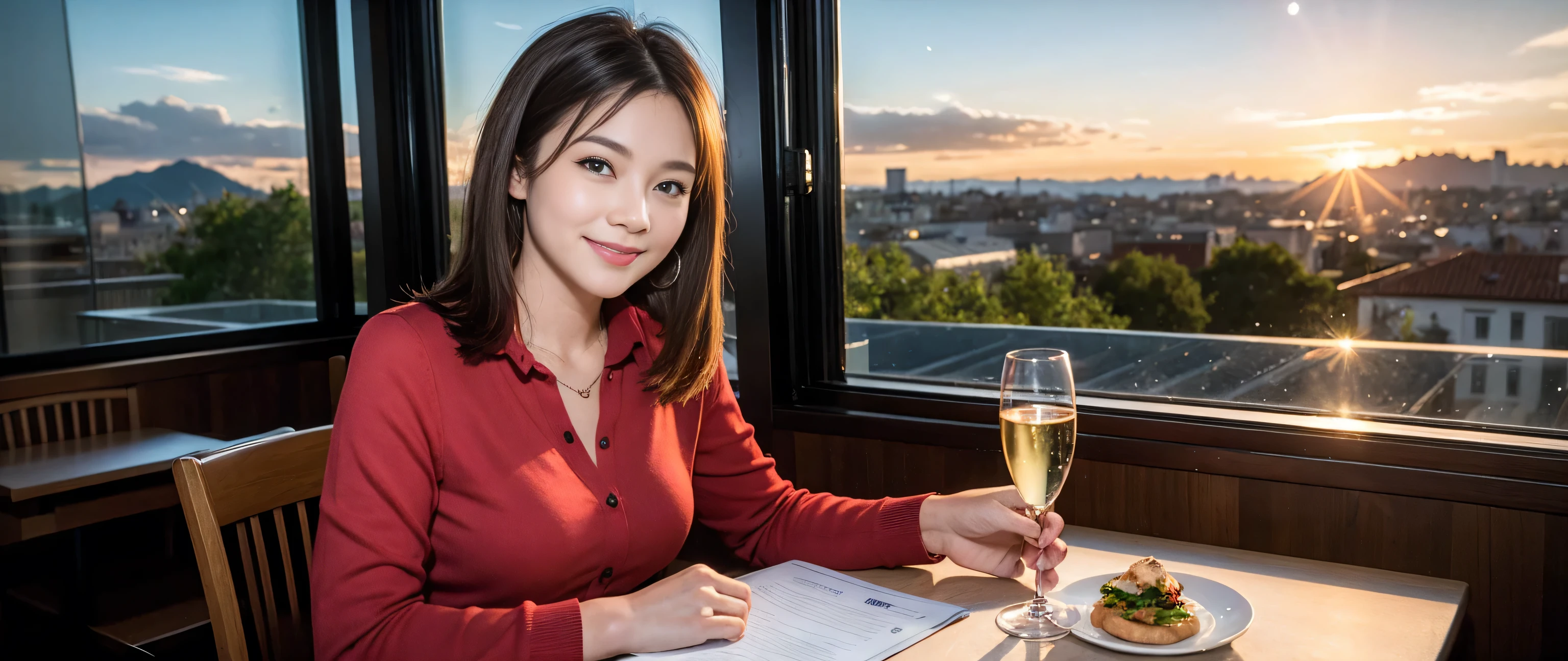 ((highest quality、8k、masterpiece:1.3))、2 people、1 male, 1 female、couple、Lovers、Couple、Slim body、((Bob Hale、Straight hair:1.2))、(to be born, highest quality, masterpiece:1.5), (Realistic, Intricate details:1.2), Wine glass on the table、Shine light on your face、 Amazing view of the sunset sky and clouds、Amazing mountain views、A bright smile、The wonderfulness of smile、Bright image、The beauty of wine, Beautiful Face, blue eyes, The light shines on your face, Blushing, short hair,Bright Face、 (36 years old), 39 years old, red wine 、Appetizers、Italian food、Wine bottle、Champagne、sparkling wine、Two beauties、Brown Hair、Shortcuts、Long sleeve shirt、dress、Pretty Woman 1, (Slim face), (The body is slim), (Brown Hair), (Shortcuts), cheeks turn a little red,Attractive beauty、, Out of the window, A beautiful and detailed night view unfolds.........., restaurant, In a prominent place (From the waist up) Nova Frog Style, actress, model, Upper Body, White wine, slim, wine glass, A wine glass placed in the middle, smile, (smile: 1.15), Beautiful fine grain, Depth f/2,saturation, High Contrast, Strong light and shadow,Moist Body:1.5、3D texture、Delicate eyes、Brown Hair、The hair is very shiny、