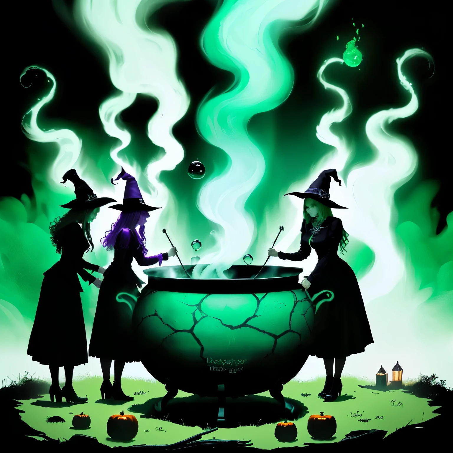 witches preparing a cauldy for a halloween , witches, magical cauldron, the witch conjure, casting a spell on a potion, bubbling cauldron!, bubbling cauldron, cauldrons, witchy, casting a spell, black magic spells, haunted green swirling souls, swirling black magic, making a potion, magical potions