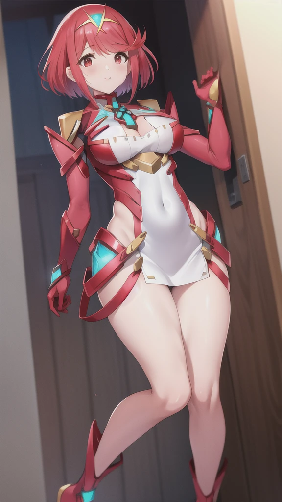 1girl, pyra \(xenoblade\), xenoblade chronicles \(series\), (xenoblade chronicles 2), standing, full body, slim body, armor, red hair, red eyes, ((masterpiece)), (best quality), 8k, ultra-detailed, absurdress