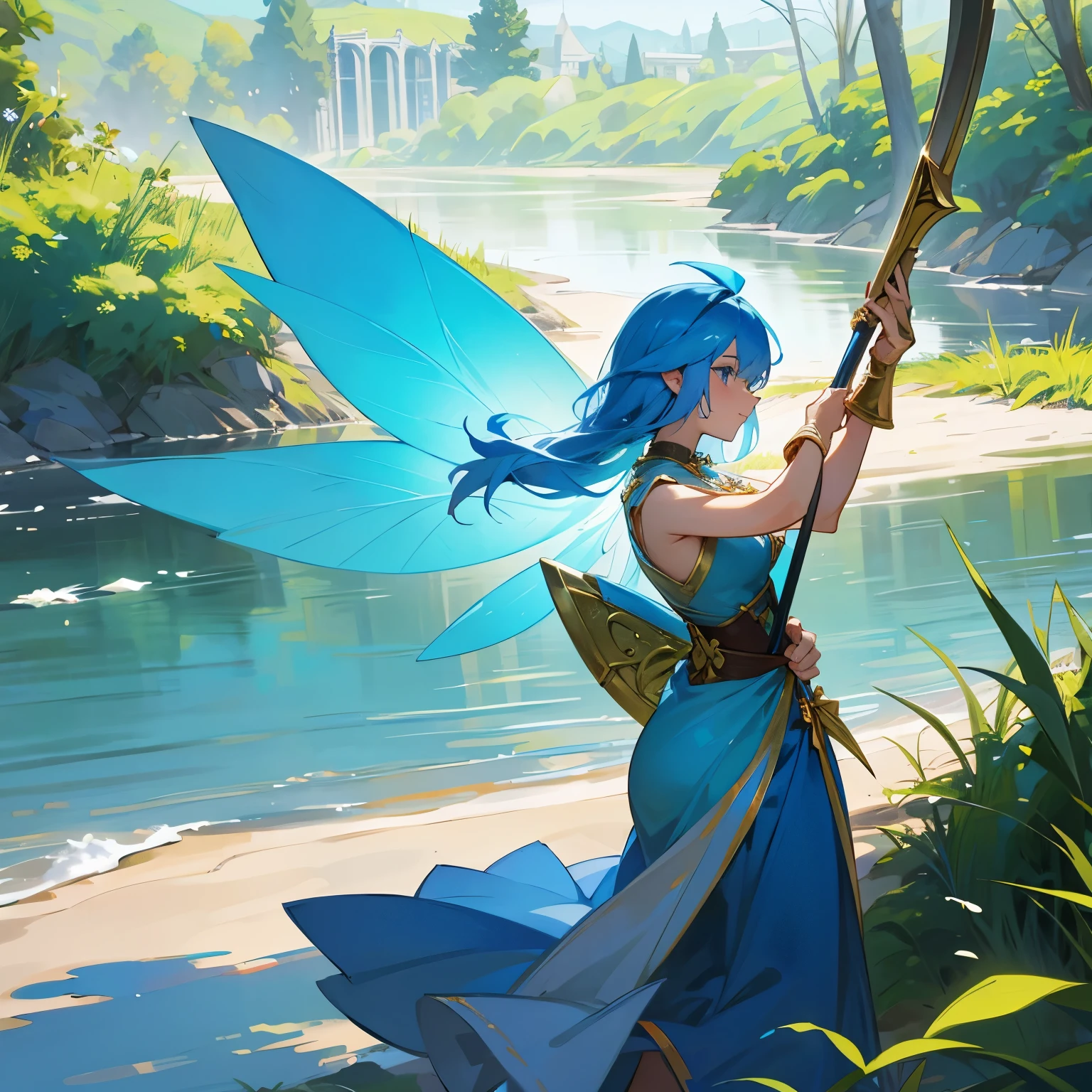 Sweet looking fairy with blue hair holding a golden axe by the river banks 