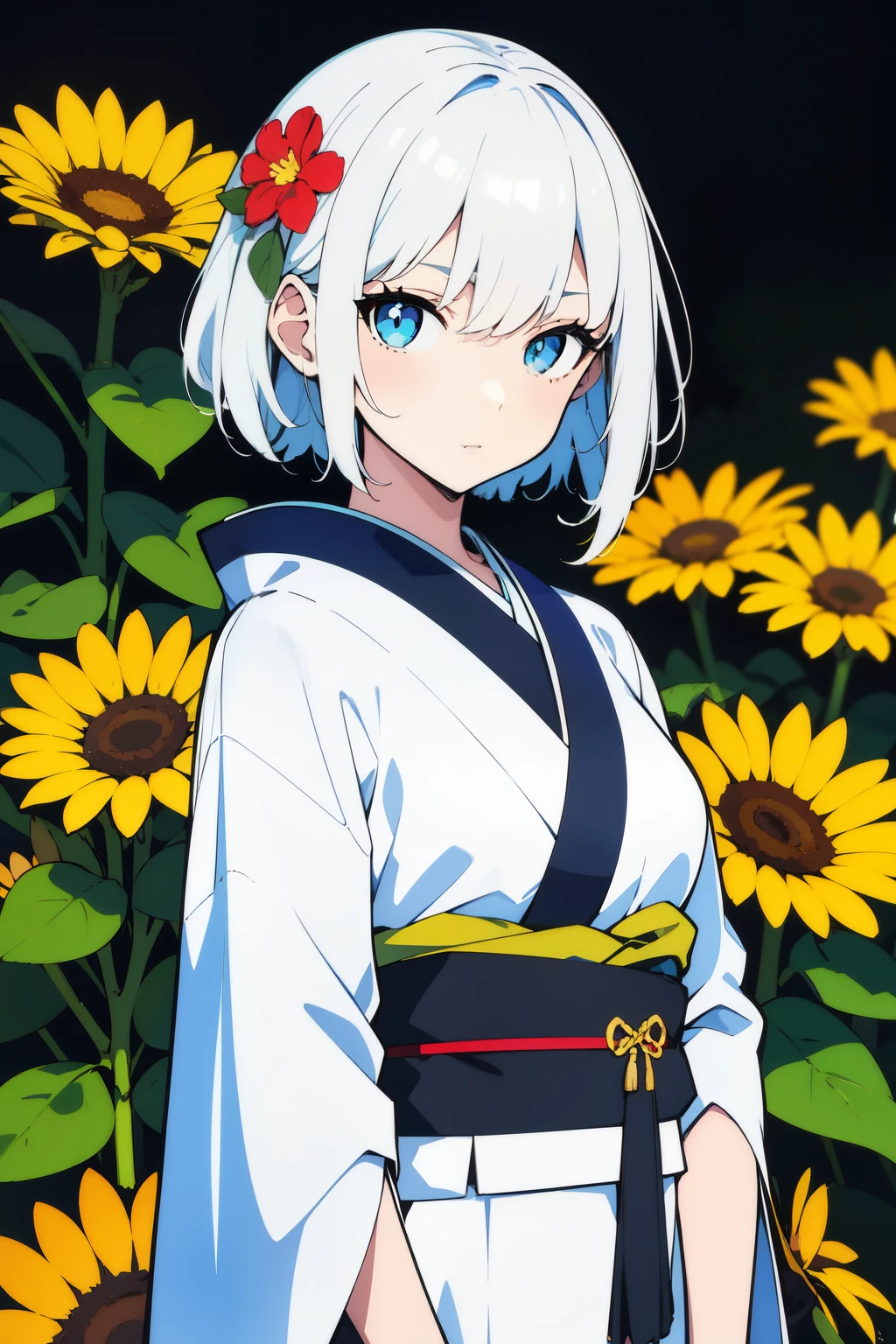 1Lady, short white hair, blue eyes, wearing Kimono, flower fields, high res, ultrasharp, 8K, masterpiece, looking at viewer