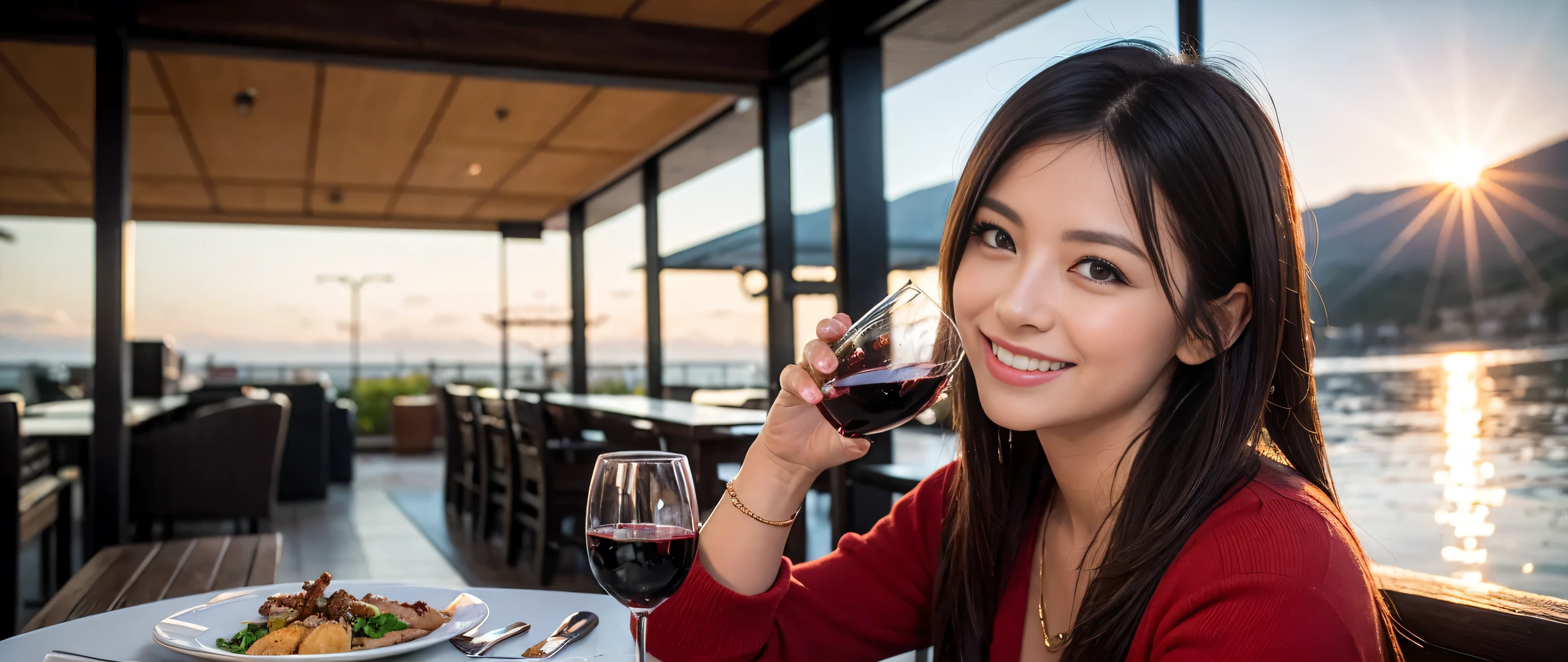 ((highest quality、8k、masterpiece:1.3))、2 people、1 male, 1 female、couple、Lovers、Couple、Slim body、((Bob Hale、Straight hair:1.2))、(to be born, highest quality, masterpiece:1.5), (Realistic, Intricate details:1.2), Wine glass on the table、Shine light on your face、 Amazing view of the sunset sky and clouds、Amazing mountain views、A bright smile、The wonderfulness of smile、Bright image、The beauty of wine, Beautiful Face, blue eyes, The light shines on your face, Blushing, short hair,Bright Face、 (43 years old), 39 years old, red wine 、Appetizers、Italian food、Wine bottle、Champagne、sparkling wine、Two beauties、Brown Hair、Shortcuts、Long sleeve shirt、dress、Pretty Woman 1, (Slim face), (The body is slim), (Brown Hair), (Shortcuts), cheeks turn a little red,Attractive beauty、, Out of the window, A beautiful and detailed night view unfolds.........., restaurant, In a prominent place (From the waist up) Nova Frog Style, actress, model, Upper Body, White wine, slim, wine glass, A wine glass placed in the middle, smile, (smile: 1.15), Beautiful fine grain, Depth f/2,saturation, High Contrast, Strong light and shadow,Moist Body:1.5、3D texture、Delicate eyes、Brown Hair、The hair is very shiny、