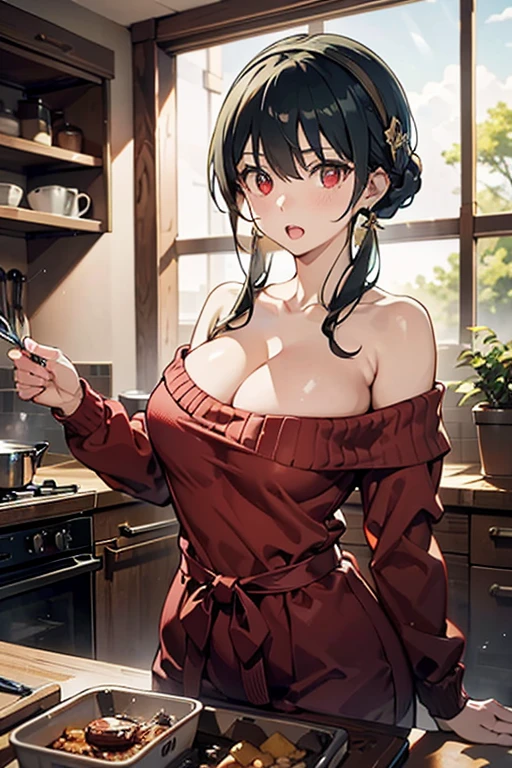 masterpiece, yor, 1girl, Bust A Cup, Amazing Cleavage:1.0, thin waist, big ass, Raised sexy, small breast: 1.2 posed cleavage:1.2、solo, looking at viewer, open mouth, have a cute grass of cute beergrass,black hair, red eyes, dress, bare shoulders, jewelry, collarbone, sidelocks, hairband, earrings, indoors, off shoulder, :o, sweater, arms behind back, plant, short hair with long locks, white hairband, off-shoulder dress, sweater dress, off-shoulder sweater, red sweater, big side hair, very long side hair,is rendered in (masterpiece: 1.2, best quality), with (ultra high resolution) and an exquisite (depth of field). This masterpiece is not only visually stunning but also tells,A scene of cooking in the kitchen
