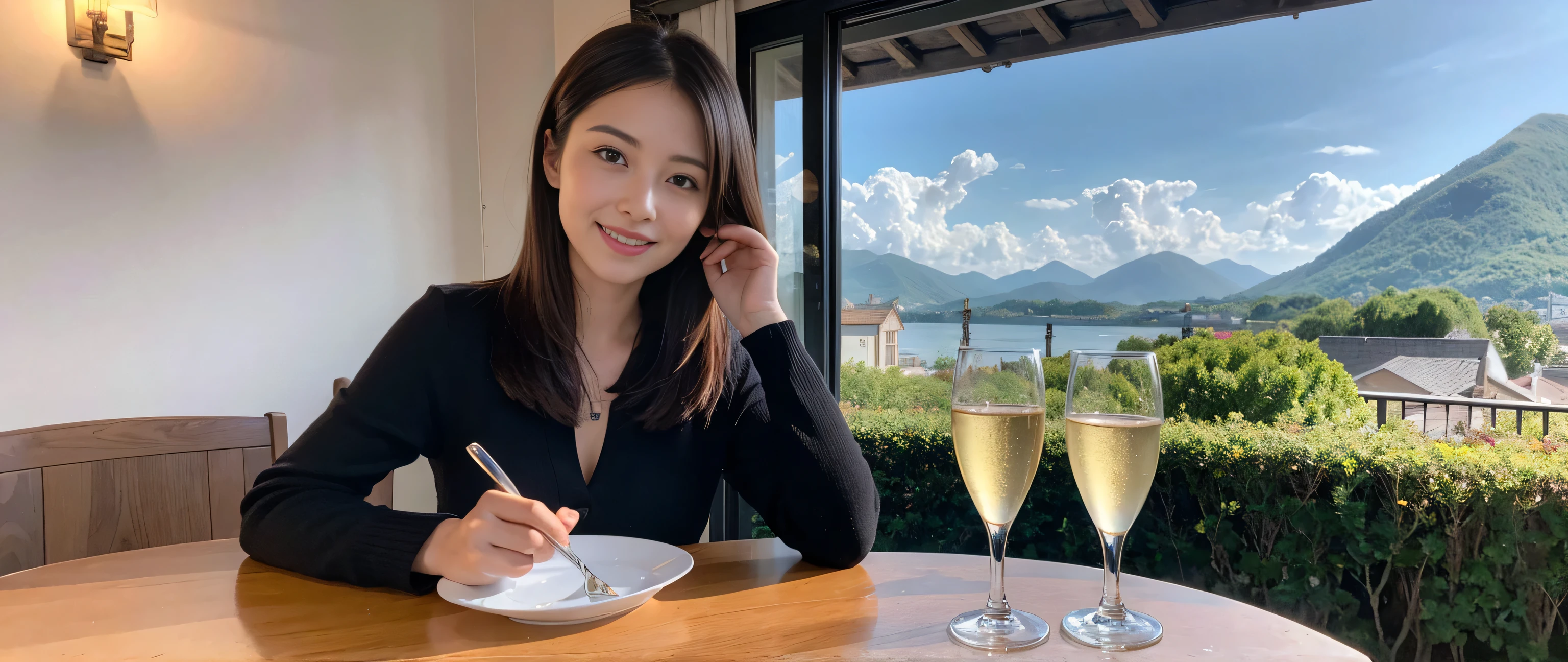 ((highest quality、8k、masterpiece:1.3))、2 people、1 male, 1 female、couple、Lovers、Couple、Slim body、((Bob Hale、Straight hair:1.2))、(to be born, highest quality, masterpiece:1.5), (Realistic, Intricate details:1.2), Wine glass on the table、Shine light on your face、 Amazing view of the sunset sky and clouds、Amazing mountain views、A bright smile、The wonderfulness of smile、Bright image、The beauty of wine, Beautiful Face, blue eyes, The light shines on your face, Blushing, short hair,Bright Face、 (43 years old), 39 years old, red wine 、Appetizers、Italian food、Wine bottle、Champagne、sparkling wine、Two beauties、Brown Hair、Shortcuts、Long sleeve shirt、dress、Pretty Woman 1, (Slim face), (The body is slim), (Brown Hair), (Shortcuts), cheeks turn a little red,Attractive beauty、, Out of the window, A beautiful and detailed night view unfolds.........., restaurant, In a prominent place (From the waist up) Nova Frog Style, actress, model, Upper Body, White wine, slim, wine glass, A wine glass placed in the middle, smile, (smile: 1.15), Beautiful fine grain, Depth f/2,saturation, High Contrast, Strong light and shadow,Moist Body:1.5、3D texture、Delicate eyes、Brown Hair、The hair is very shiny、
