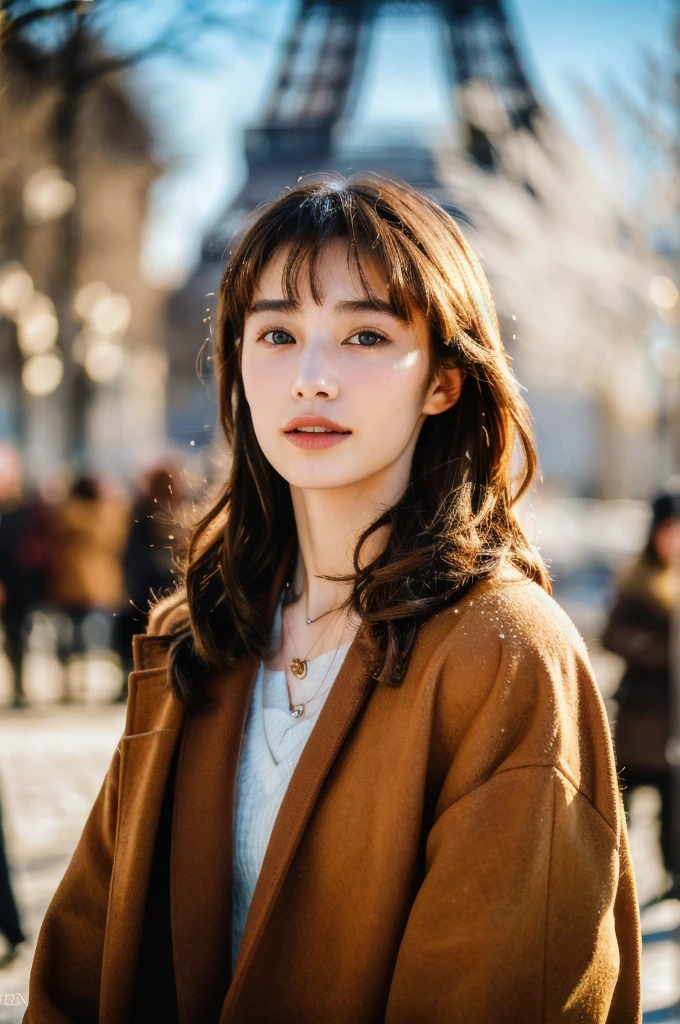 (masterpiece, top quality, best quality,8k,17 years old girl,ultra detailed,raw photo:1.5),(photorealistic:1.4),(cinematic lighting), PerfectNwsjMajic, , Surrealism, UHD, ccurate, Super detail, textured skin, High detail, Best quality, dynamic angle, (high nose,White skin),[Beautiful eyes],[flat chest:large breasts:0.5],(1girl),(good anatomy:0.5)), jewelry, necklace, realistic, brown hair, blurry background, blurran,paris,fashion,peoples in background, winter coat,dynamic pose, motion blur,Warm sun：1.7,Winter,snow,long hair, bangs
