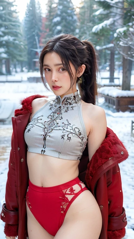 cute elf ,girl, 1girl,(((little ,tiny little body,small))),(((6 ))),((anime elf with extremely cute and beautiful black hair)),(((elf, elf ears))), (((flat chest))),((((black hair:1.35,ponytail braid hair,colored inner hair,ear breathing)))),(((red_eyes:1.3))),intricate eyes,beautiful detailed eyes,symmetrical eyes,big eyes:1.5,(((lustrous skin:1.5,bright skin: 1.5,skin tanned,shiny skin,very shiny skin,shiny body,plastic glitter skin,exaggerated shiny skin,illuminated skin))),(detailed body,(detailed face)), cute,slutty,erotic,daring,nsfw, zettai ryouiki,revealing clothing,show skin,(((Sexy red fur coat, red fur coat outfit, wearing a red fur coat:1.3,red winter coat))), ((red mini-skirt,red mini skirt with furry edge,visible thong straps)),((underpants strap)),(white gloves,red clothes,semi-naked,with little red clothing,(((furry edge clothing)))),(((intricate outfit,intricate clothes,embroidered outfit,ornate outfit,embroidered clothes,ornate clothes))), (dynamic pose:1.0),embarrassed,(centered,scale to fit dimensions,Rule of thirds), ((snowy pine forest)),winter,scenery:1.25,((intricate scenery)),((snow forest background)), (Glossy winter ornaments),highres,sharp focus,(ultra detailed,extremely detailed),(photorealistic artwork:1.37),(extremely detailed CG unity 8k wallpaper),(((vibrant colors,vibrant theme))),(intricate),(masterpiece),(best quality),artistic photography,(photography taken by sldr),(intricate background),perfect rendered face,perfect face details,realistic face,photo realistic,analog style,((intricate detail)),(((realism))),