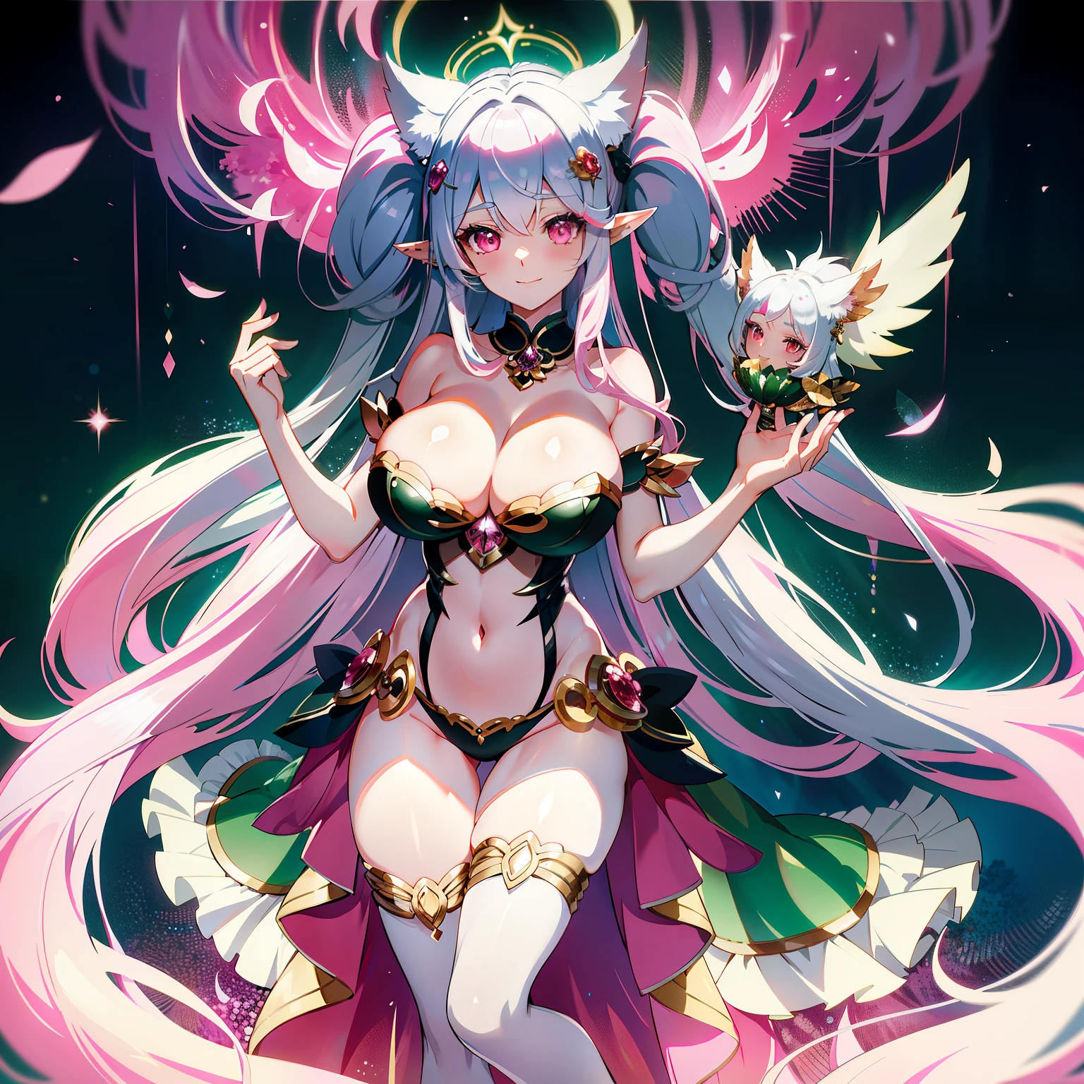2 Harmonious Ladies in One Masterpiece,
(1: A Pink-haired Enchantress, Endowed Figure), 2D Anime Art, Ultra-Detailed Characters,
(2: A Silver-haired Siren, Adorned with Fluffy Wolf-like Ears on Her Head), Exquisite Full-Body Illustration,
Vibrant and Colourful Palette,
Maximizing Detailed Refinement.