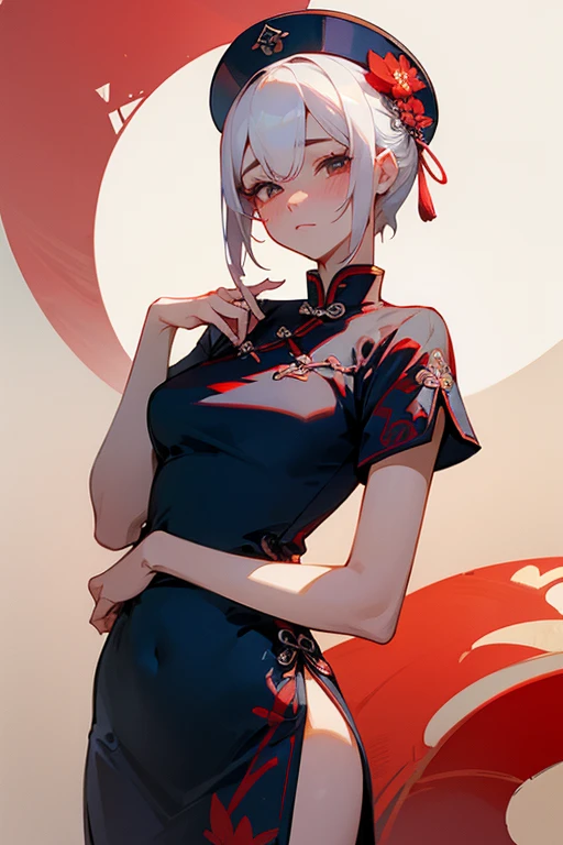 Short white hair, blush, Red and navy blue、China dress、sexy、China dressに花柄模様、The clothes are embroidered with flowers、Clean your eyes、sharp、Face Correct Answer、From the waist up、Chinese clothing、