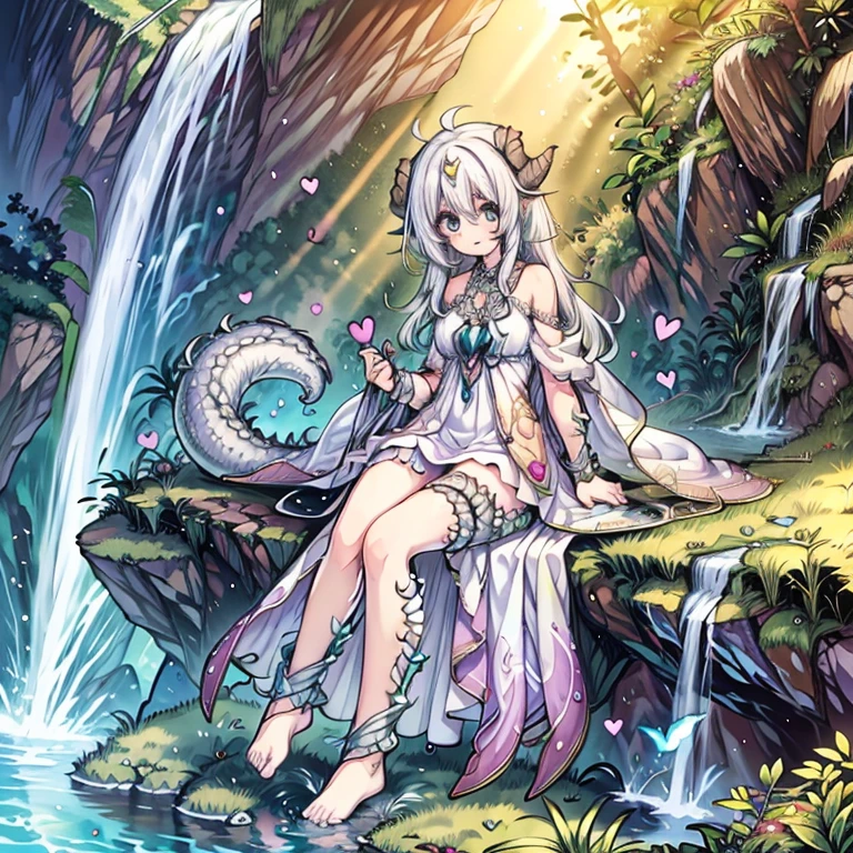 (masterpiece), best quality, highly detailed, (1dragon girl) , detailed beautiful face and eyes, ************, a semi-human girl with a white tail, beautiful detailed eyes, white dress, off-shoulder dress, barefoot, (heart_in_eyes), seductive_smile, (dragon tail), holding scepter, (circlet), magic light, dragonian_head, dragonian_horns, dragonian_hairstyle, dragonian_body, dragonian_tail, (dragon scales, scaly legs, scaly arms), fairy realm, waterfall