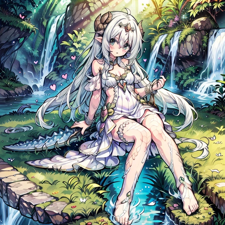 (masterpiece), best quality, highly detailed, (1dragon girl) , detailed beautiful face and eyes, ************, a semi-human girl with a white tail, beautiful detailed eyes, white dress, off-shoulder dress, barefoot, (heart_in_eyes), seductive_smile, (dragon tail), holding scepter, (circlet), magic light, dragonian_head, dragonian_horns, dragonian_hairstyle, dragonian_body, dragonian_tail, (dragon scales, scaly legs, scaly arms), fairy realm, waterfall