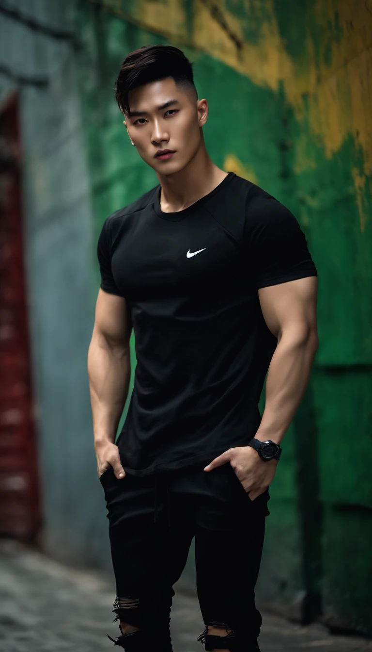 Professional photography, Korean man with undercut hair, ideal height, wearing a black gym shirt, black ripped trousers, Nike shoes, muscular body, dark abstract wall background, sharp gaze at the camera.