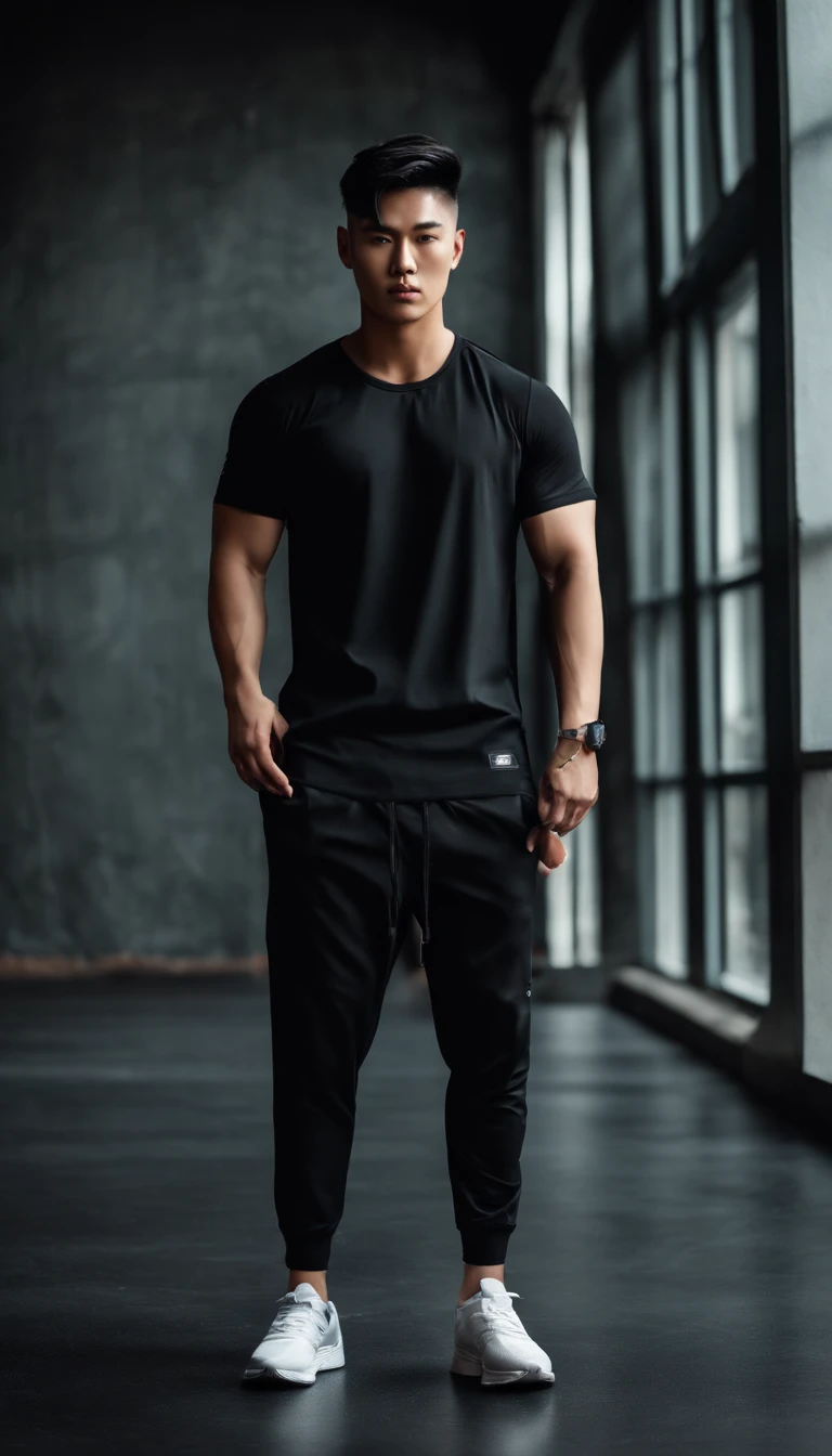 Professional photography, Korean man with undercut hair, ideal height, wearing a black gym shirt, black ripped trousers, Nike shoes, muscular body, dark abstract wall background, sharp gaze at the camera.