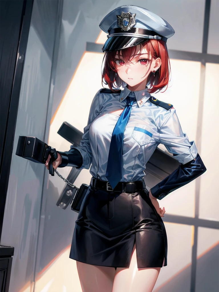policewoman uniform, light blue short sleeved shirt, navy necktie, high waisted miniskirt, belt, white gloves, police hat, handcuffs, absurdres, RAW photo, extremely delicate and beautiful, masterpiece, Best Quality, ultra high resolution, 32k, hyperrealistic, ultra-detailed, detailed description, pale skin, 20 years old, tearful mole, earring, short medium hair, wavy hair, whole body shot, legs, Redhead, Red eyes, 