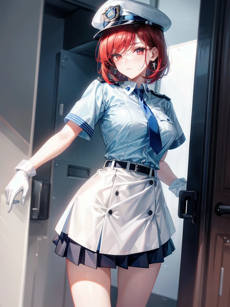 policewoman uniform, light blue short sleeved shirt, navy necktie, high waisted miniskirt, belt, white gloves, police hat, handcuffs, absurdres, RAW photo, extremely delicate and beautiful, masterpiece, Best Quality, ultra high resolution, 32k, hyperrealistic, ultra-detailed, detailed description, pale skin, 20 years old, tearful mole, earring, short medium hair, wavy hair, whole body shot, legs, Redhead, Red eyes,