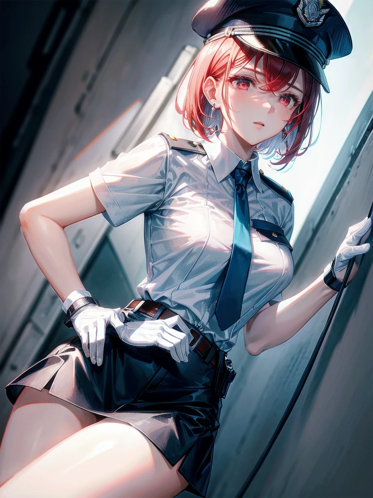 policewoman uniform, light blue short sleeved shirt, navy necktie, high waisted miniskirt, belt, white gloves, police hat, handcuffs, absurdres, RAW photo, extremely delicate and beautiful, masterpiece, Best Quality, ultra high resolution, 32k, hyperrealistic, ultra-detailed, detailed description, pale skin, 20 years old, tearful mole, earring, short medium hair, wavy hair, whole body shot, legs, Redhead, Red eyes,