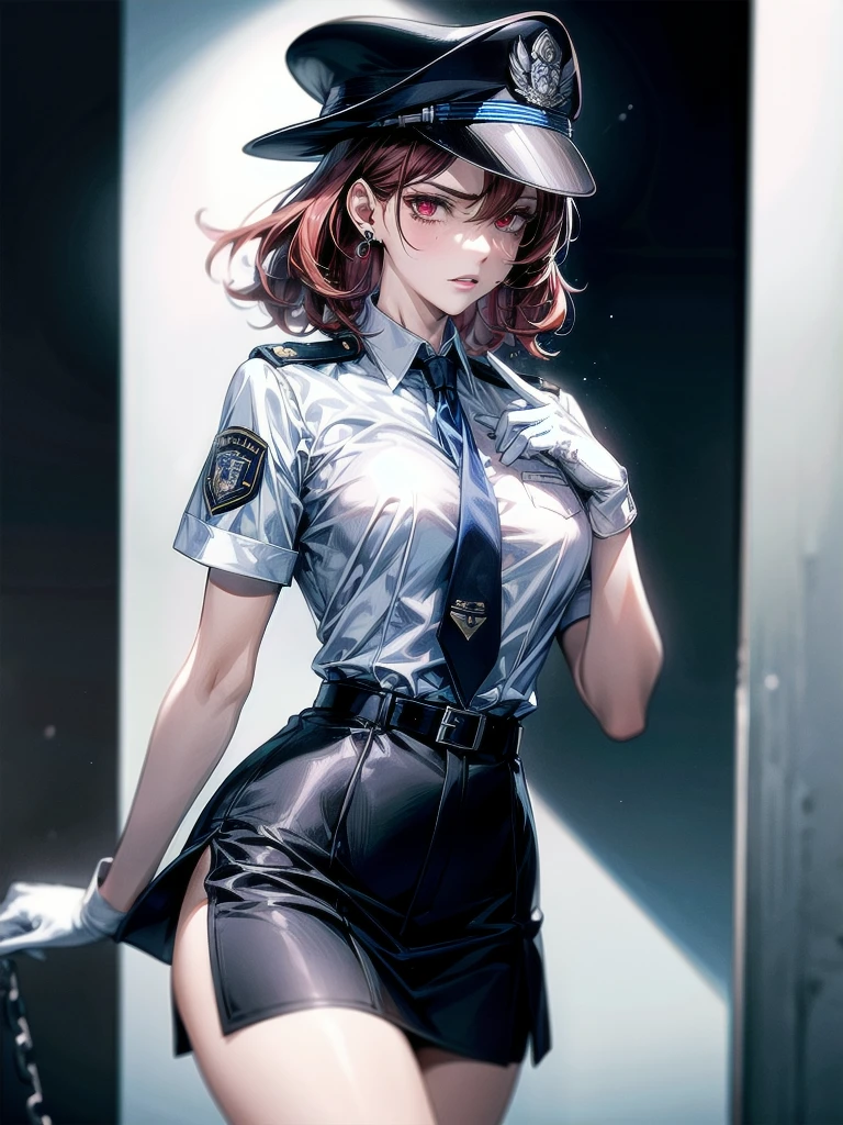 policewoman uniform, light blue short sleeved shirt, navy necktie, high waisted miniskirt, belt, white gloves, police hat, handcuffs, absurdres, RAW photo, extremely delicate and beautiful, masterpiece, Best Quality, ultra high resolution, 32k, hyperrealistic, ultra-detailed, detailed description, pale skin, 20 years old, tearful mole, earring, short medium hair, wavy hair, whole body shot, legs, Redhead, Red eyes,