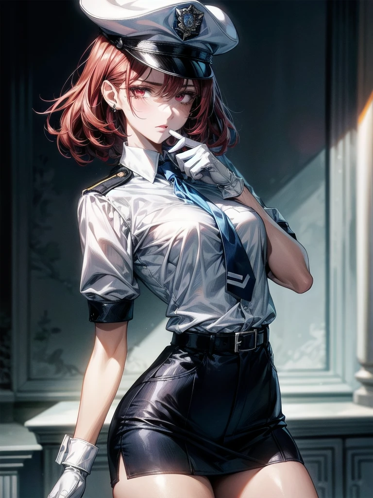 policewoman uniform, light blue short sleeved shirt, navy necktie, high waisted miniskirt, belt, white gloves, police hat, handcuffs, absurdres, RAW photo, extremely delicate and beautiful, masterpiece, Best Quality, ultra high resolution, 32k, hyperrealistic, ultra-detailed, detailed description, pale skin, 20 years old, tearful mole, earring, short medium hair, wavy hair, whole body shot, legs, Redhead, Red eyes,